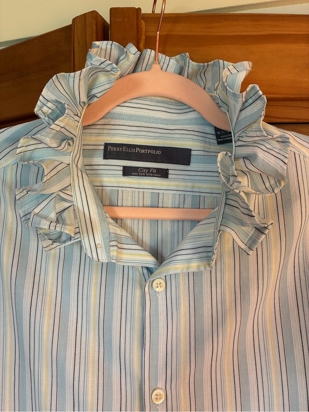 Perry Ellis Light Blue and White Striped Ruffle Collar Button-Front Shirt - Picture 5 of 6